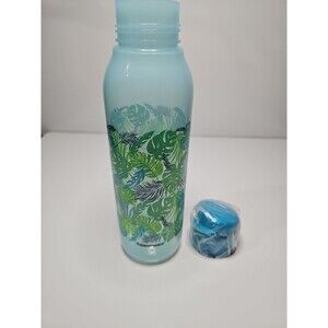Tupperware Eco Water Bottle 25 oz. Flip-Top Cap Palm Paradise Leaves Green Blue